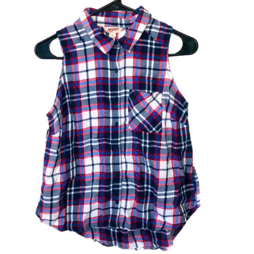 ARIZONA JEAN CO. Red, Blue, and White Plaid Cold-Shoulder Long Sleeve Button Up